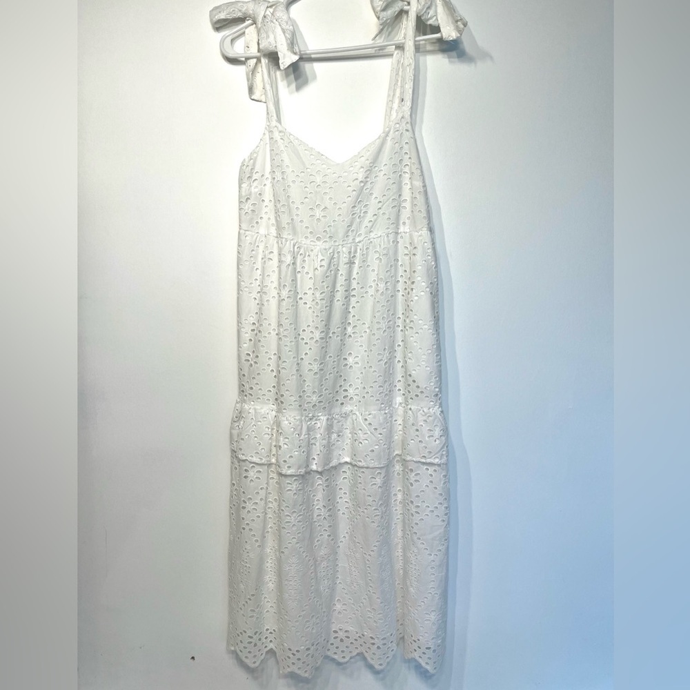 White eyelet sleeveless tiered midi dress, lined, cotton, beach dress, 8 - Picture 4 of 11
